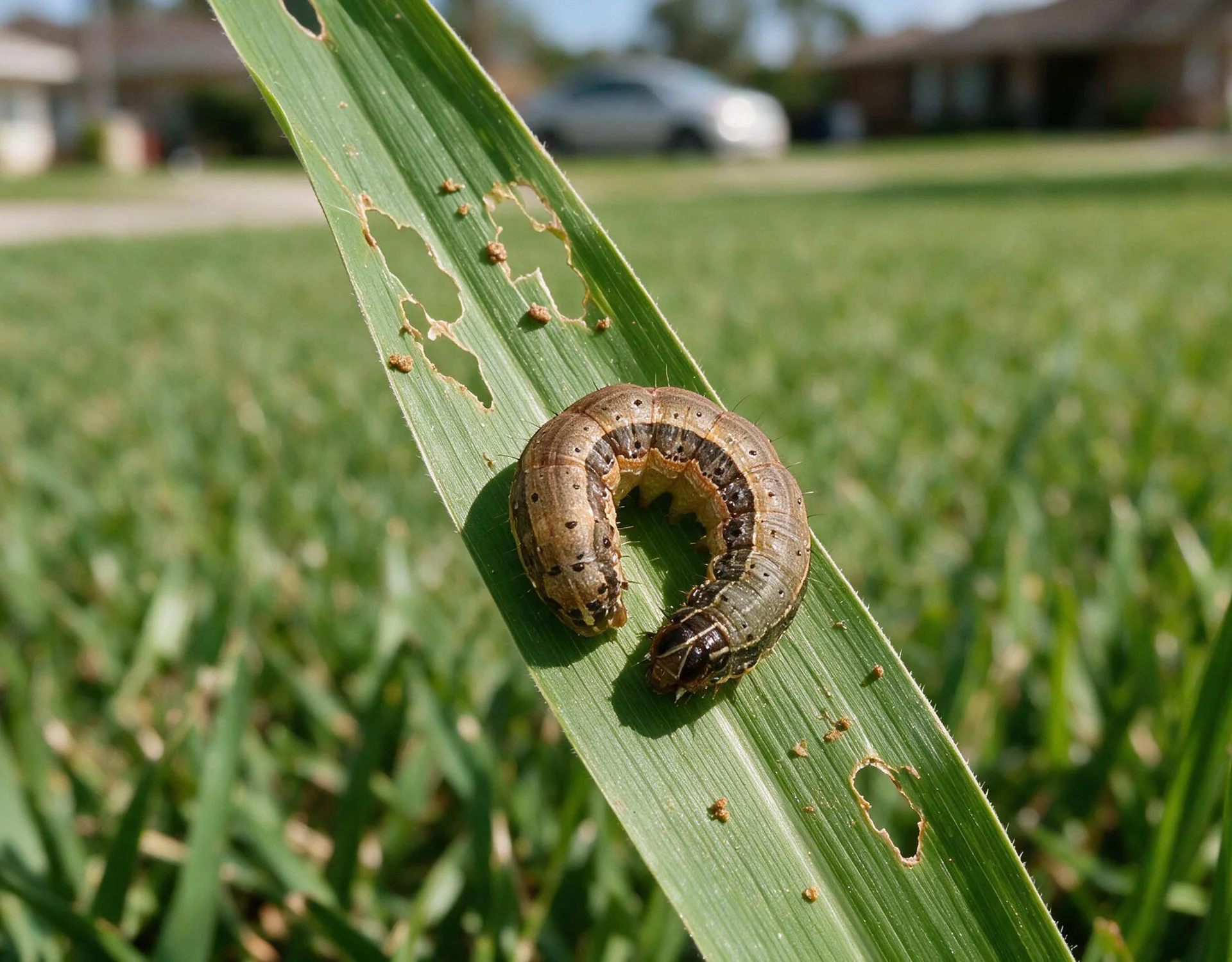 Fall armyworm caterpillar damage on a Tampa Bay lawn