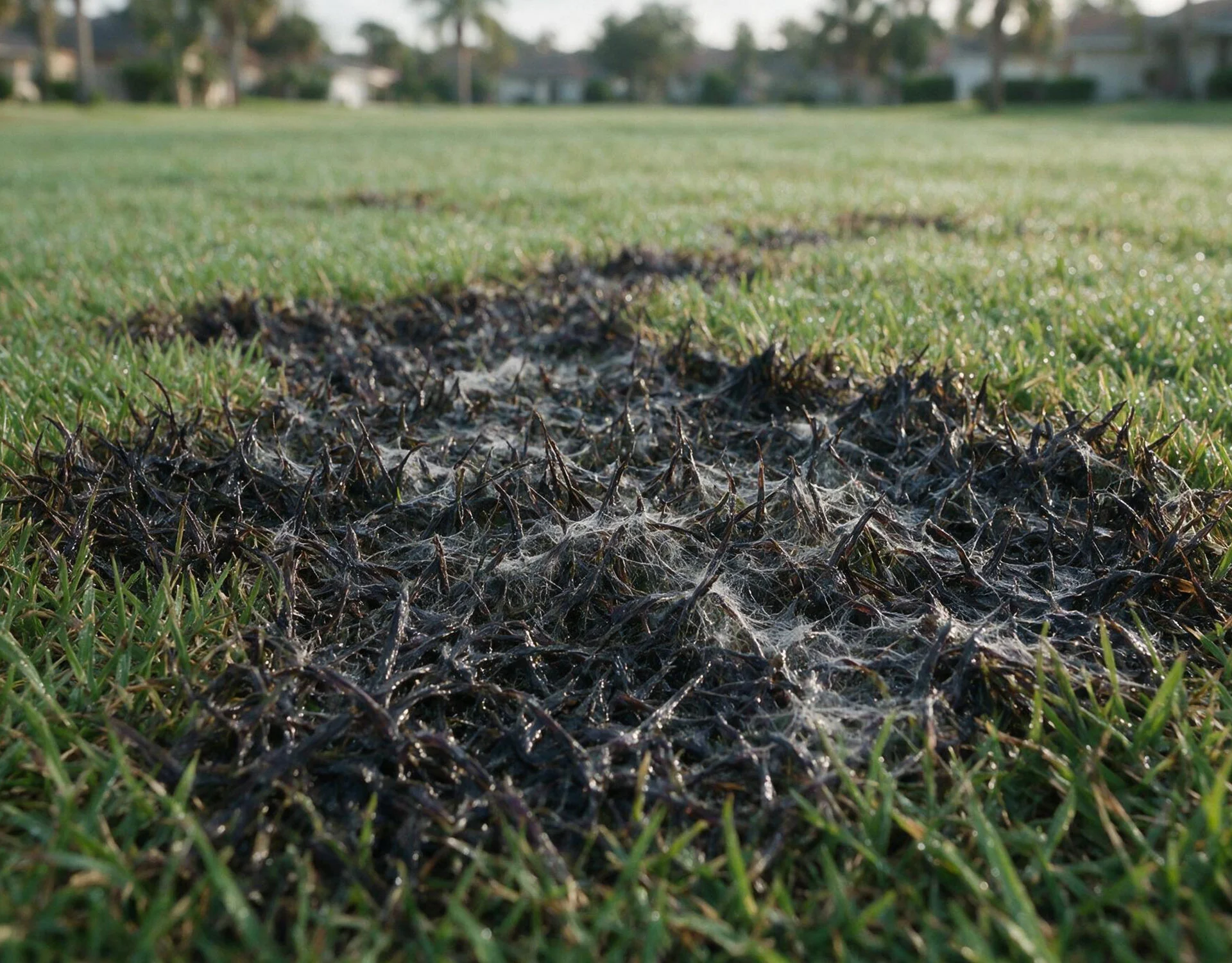 Slimy, dark Pythium root rot patch on a Tampa Bay lawn after heavy rain