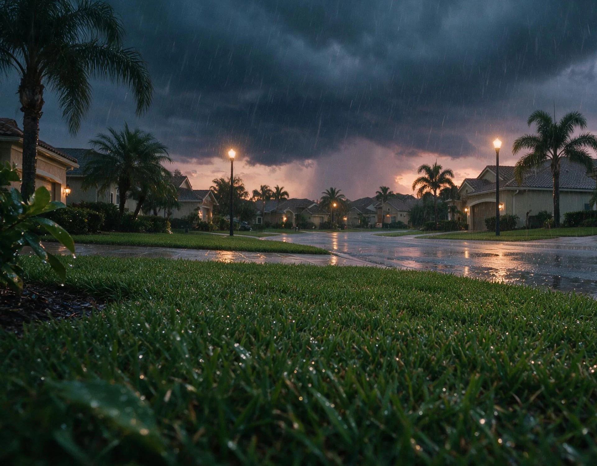 Evening thunderstorm rolling over a Tampa Bay neighborhood