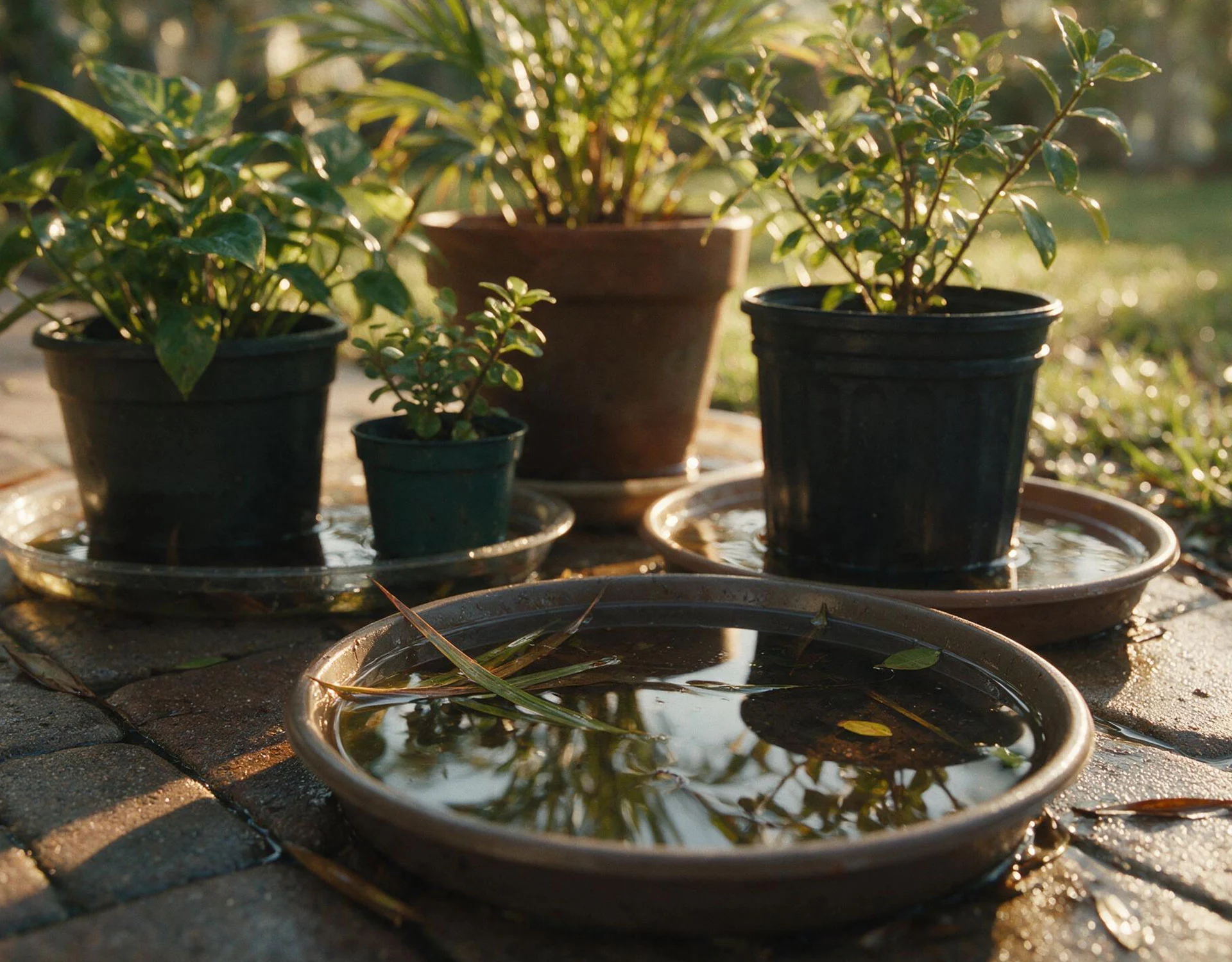 Standing water in a group of planters in a Tampa Bay backyard after a storm