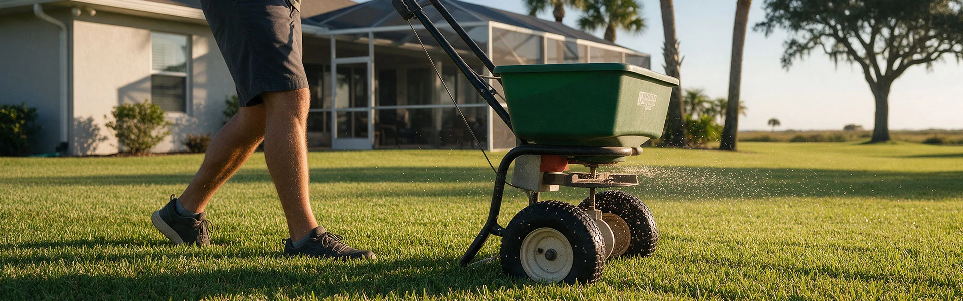 Homeowner spreading fall fertilizer on a St. Augustine lawn in Tampa Bay for winter lawn prep