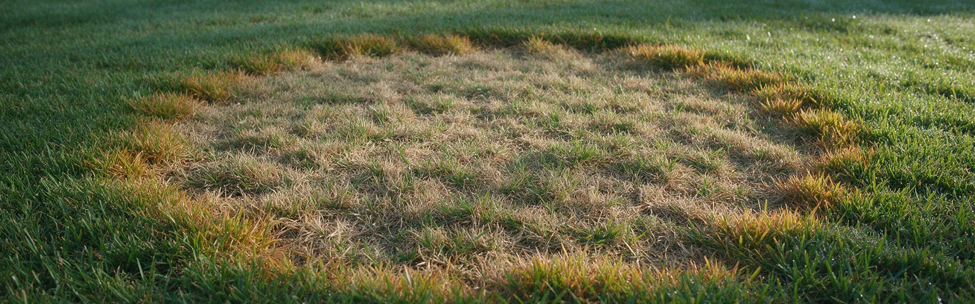Large patch fungus on a St. Augustine grass lawn in Tampa Bay, Florida, with an orange-bronze border