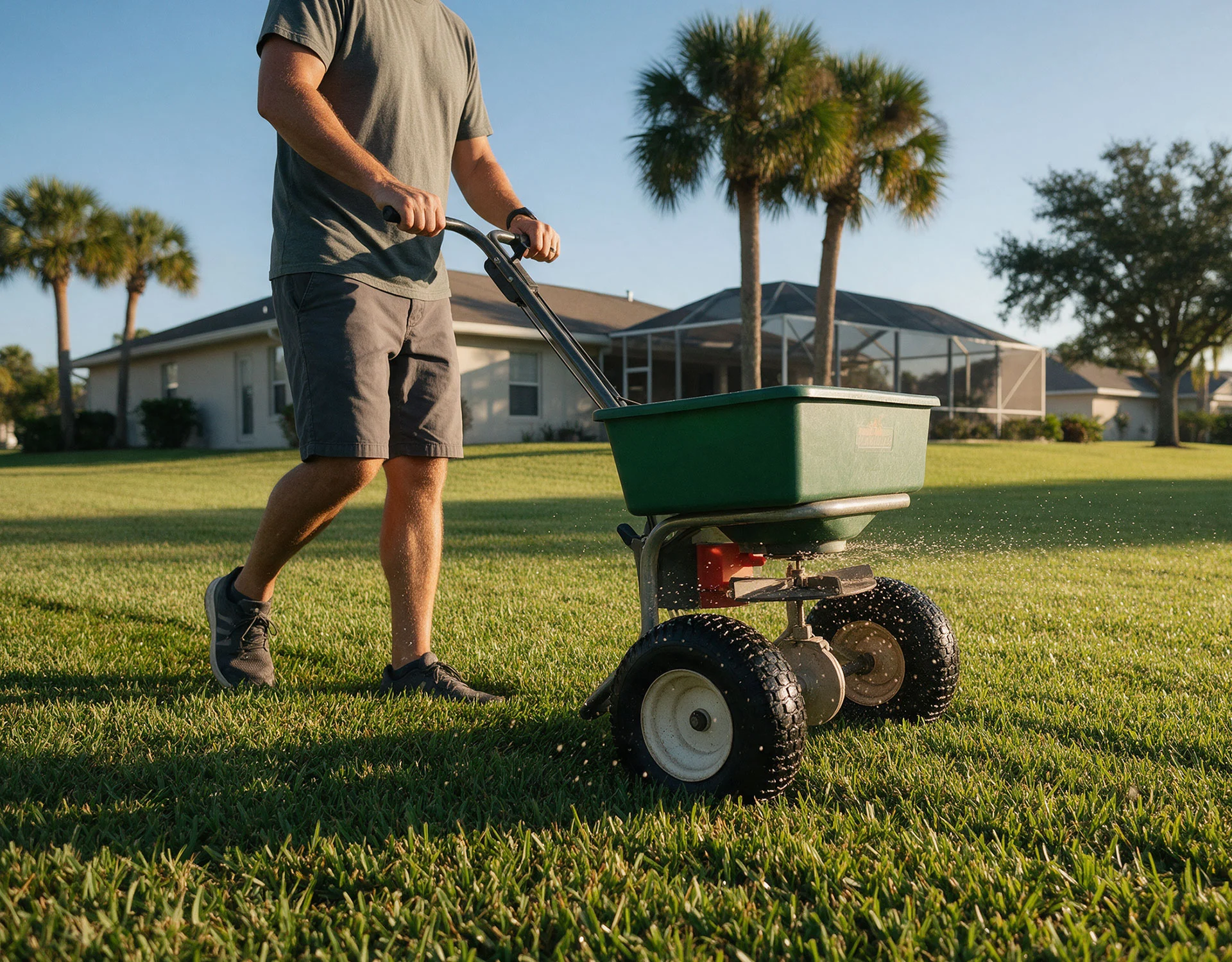 Homeowner spreading fall fertilizer on a St. Augustine lawn in Tampa Bay for winter lawn prep