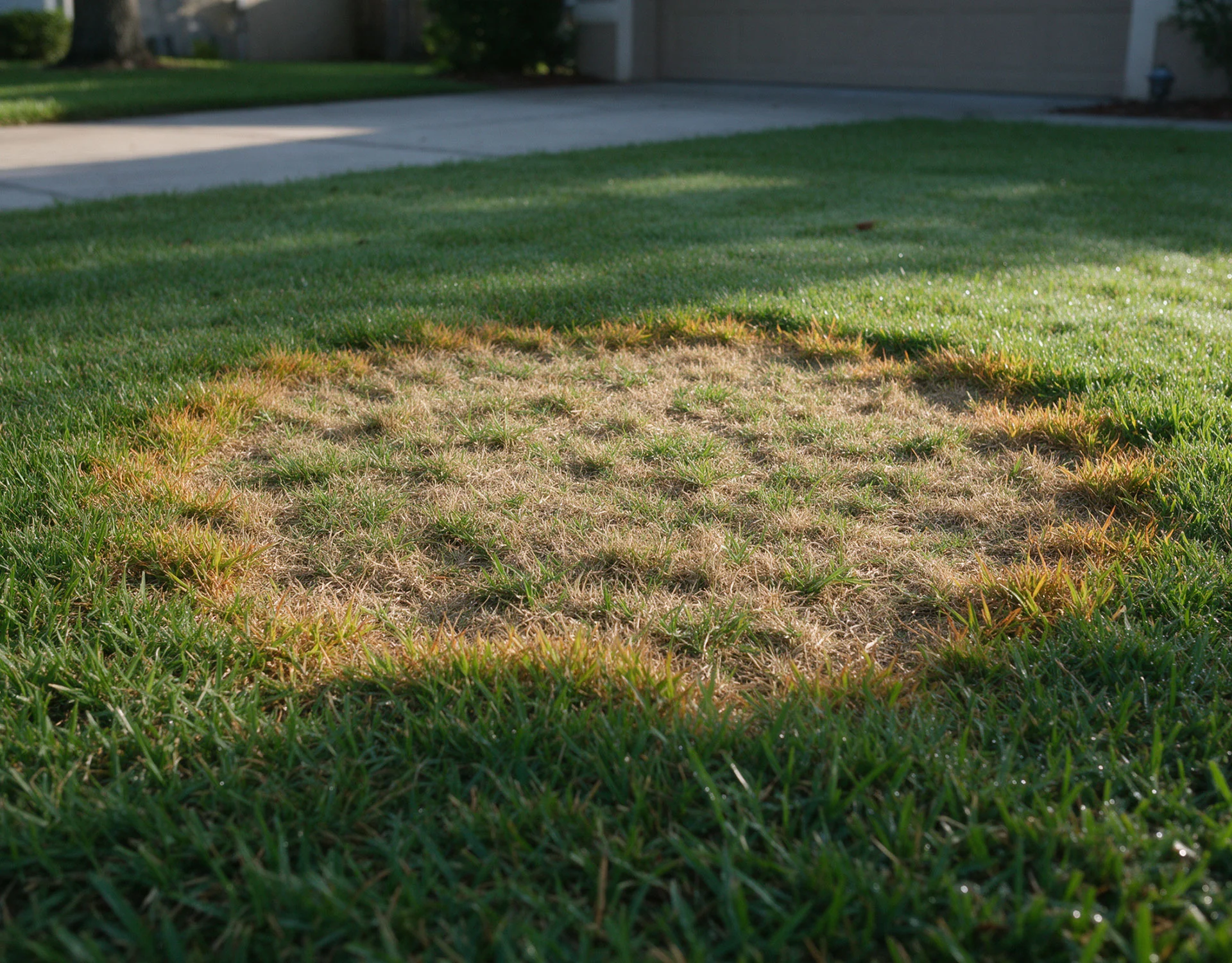Large patch fungus on a St. Augustine grass lawn in Tampa Bay, Florida, with an orange-bronze border