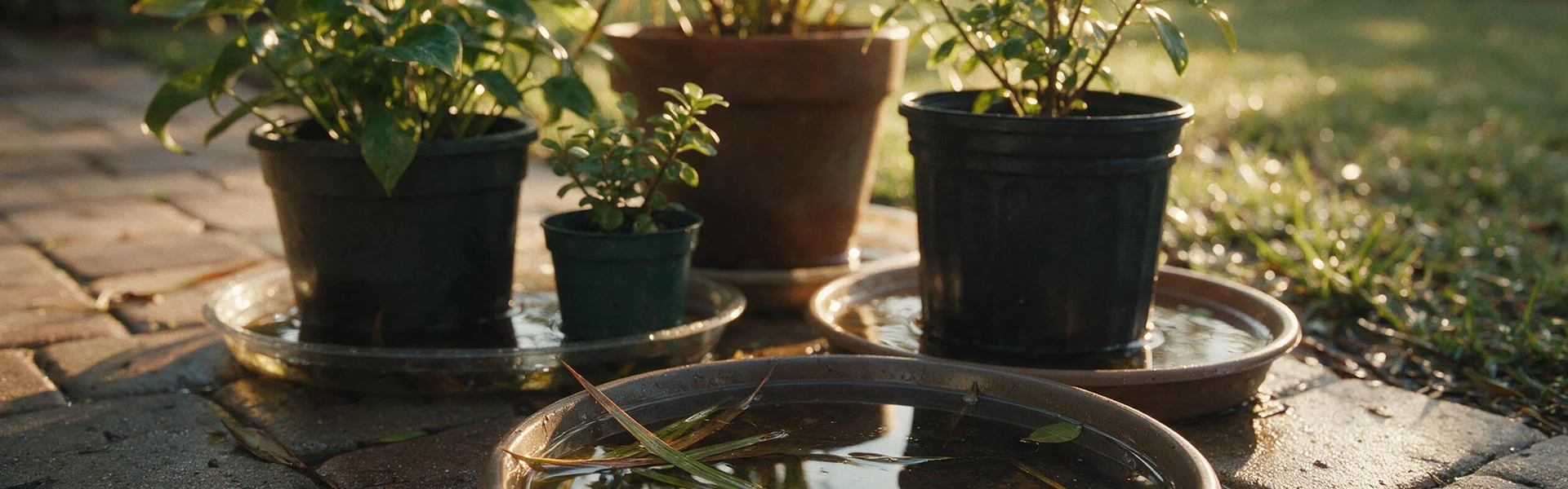 Standing water in a group of planters in a Tampa Bay backyard after a storm