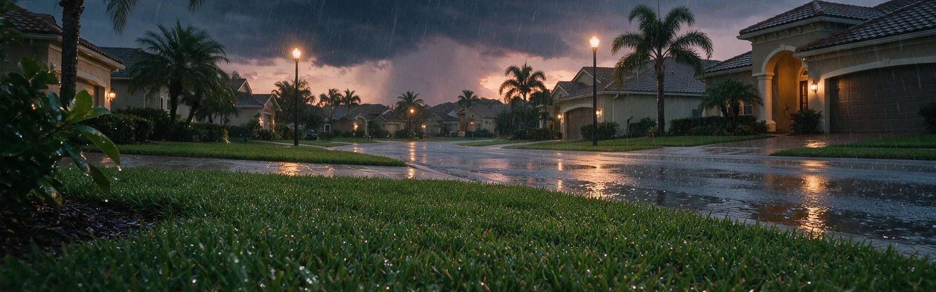 Evening thunderstorm rolling over a Tampa Bay neighborhood